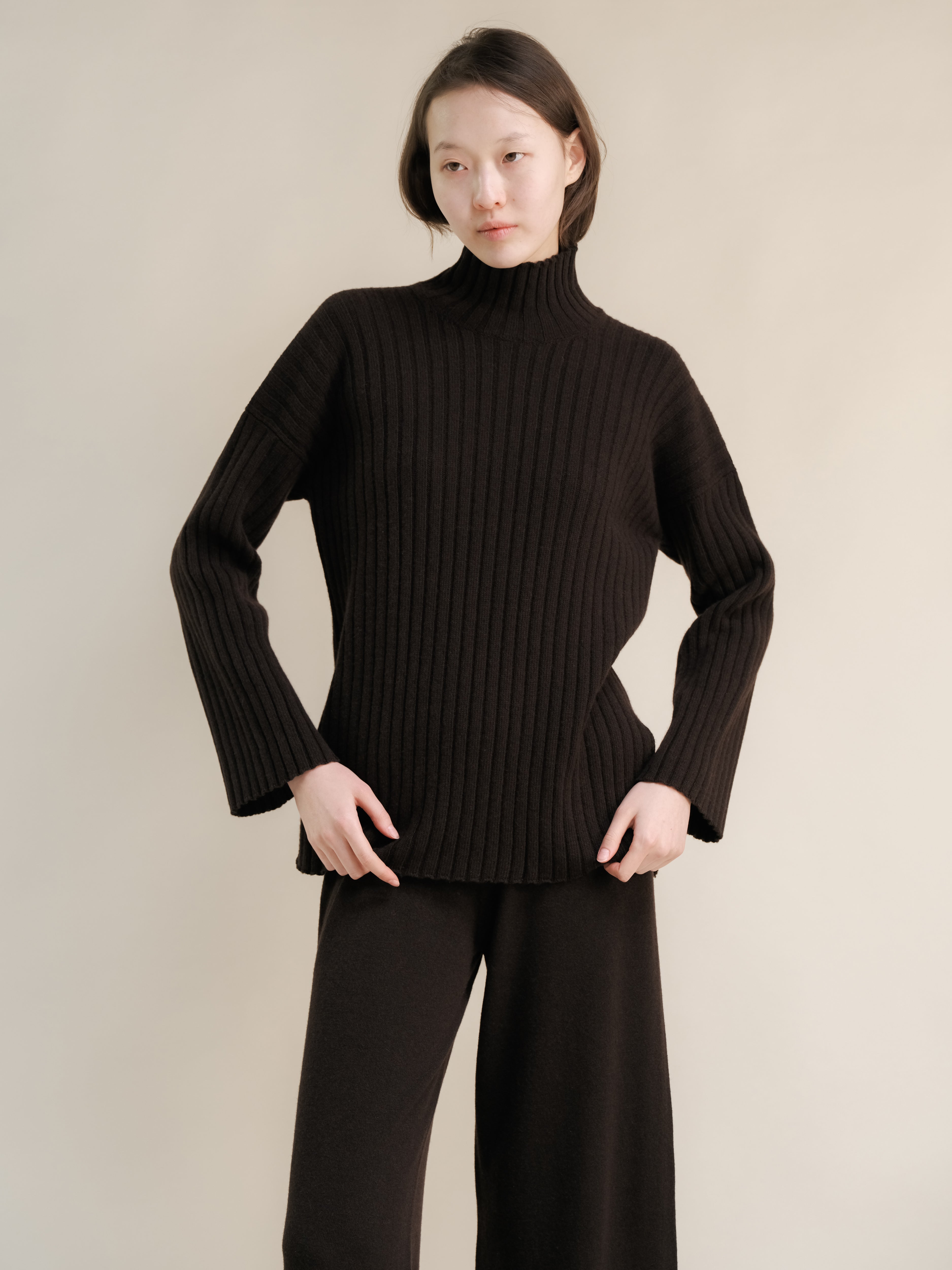 Cashmere Mix Ribbed High Neck with Lateral Slits