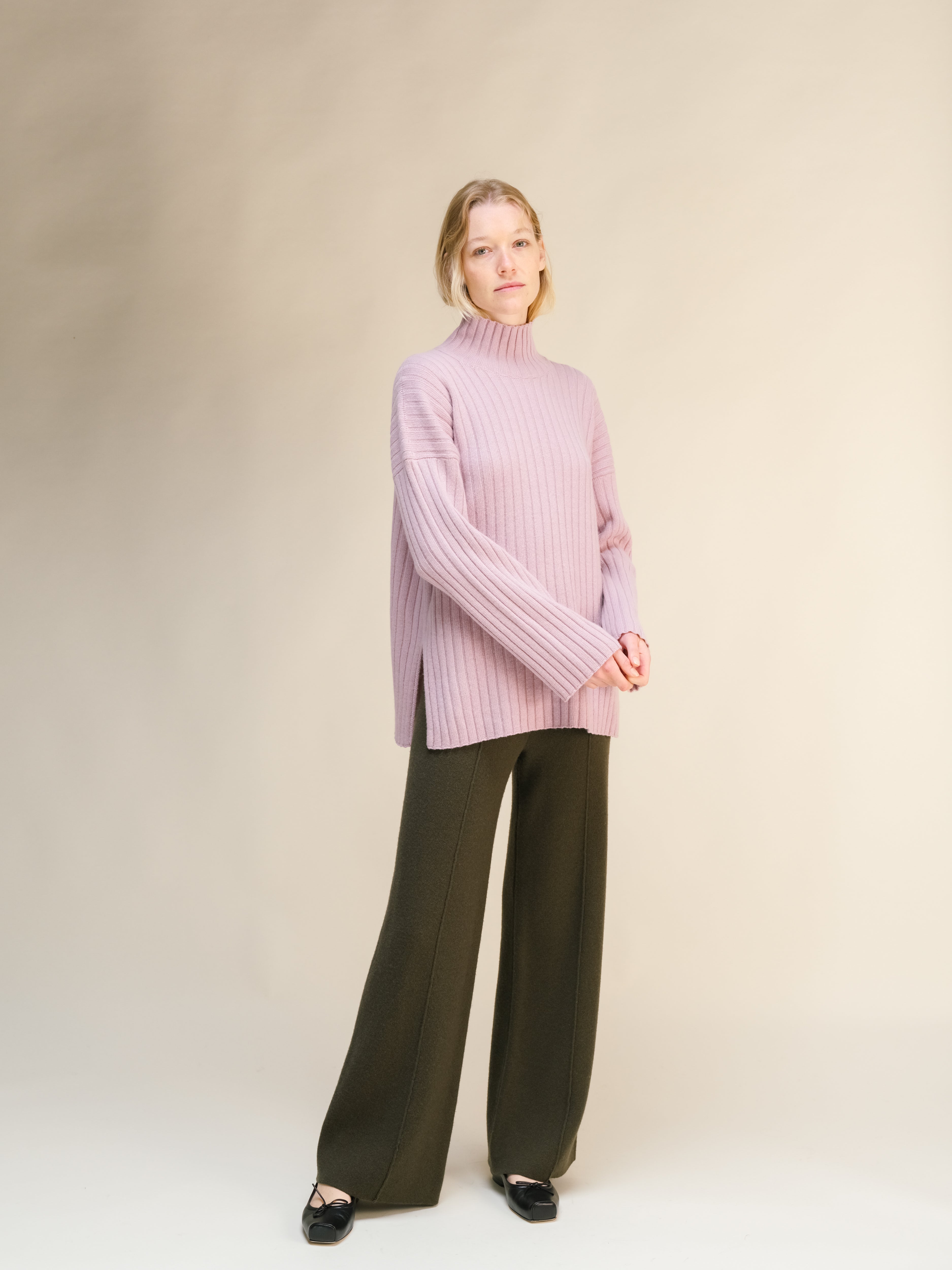 Cashmere Mix Ribbed High Neck with Lateral Slits