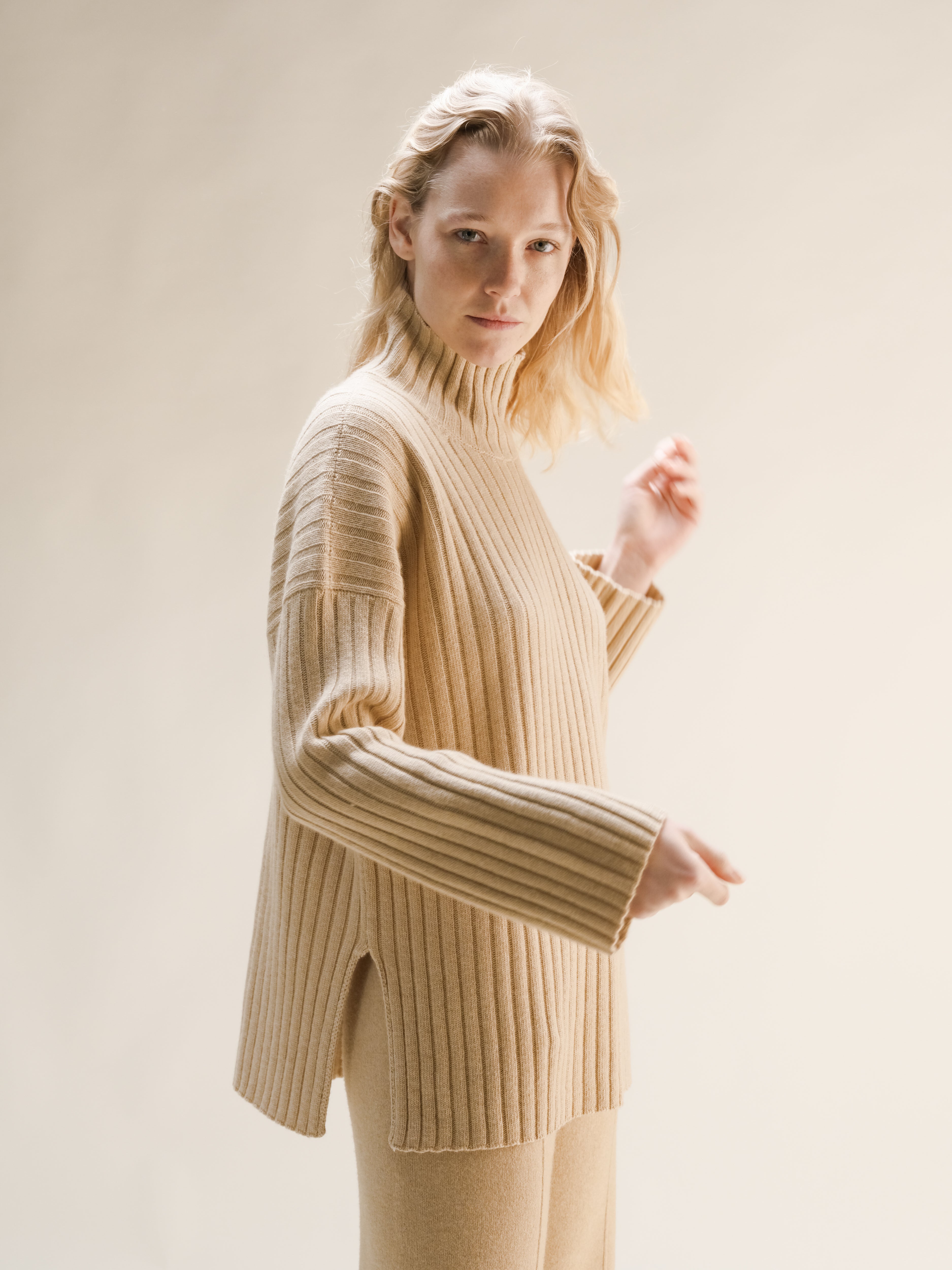 Cashmere Mix Ribbed High Neck with Lateral Slits