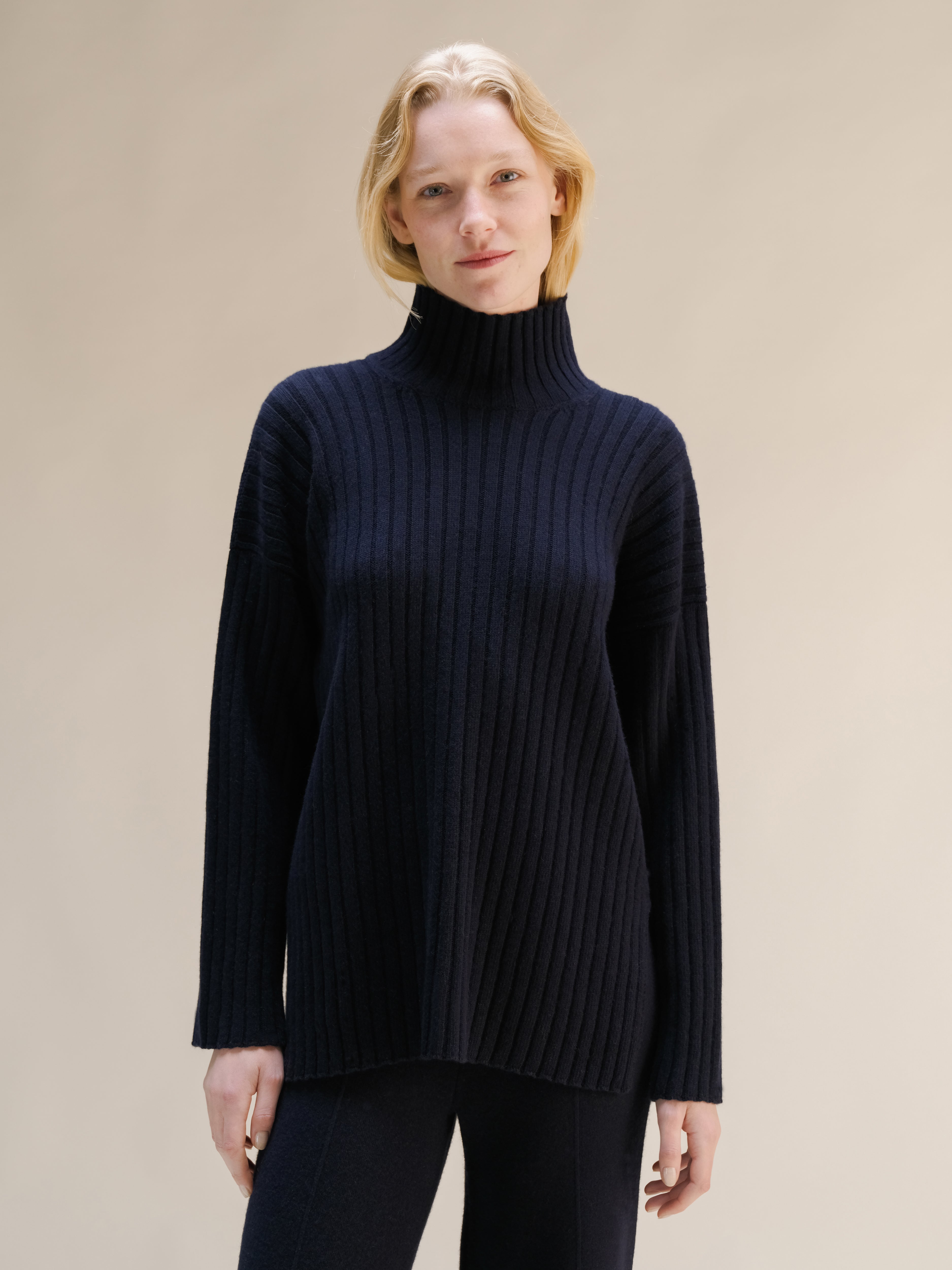 Cashmere Mix Ribbed High Neck with Lateral Slits