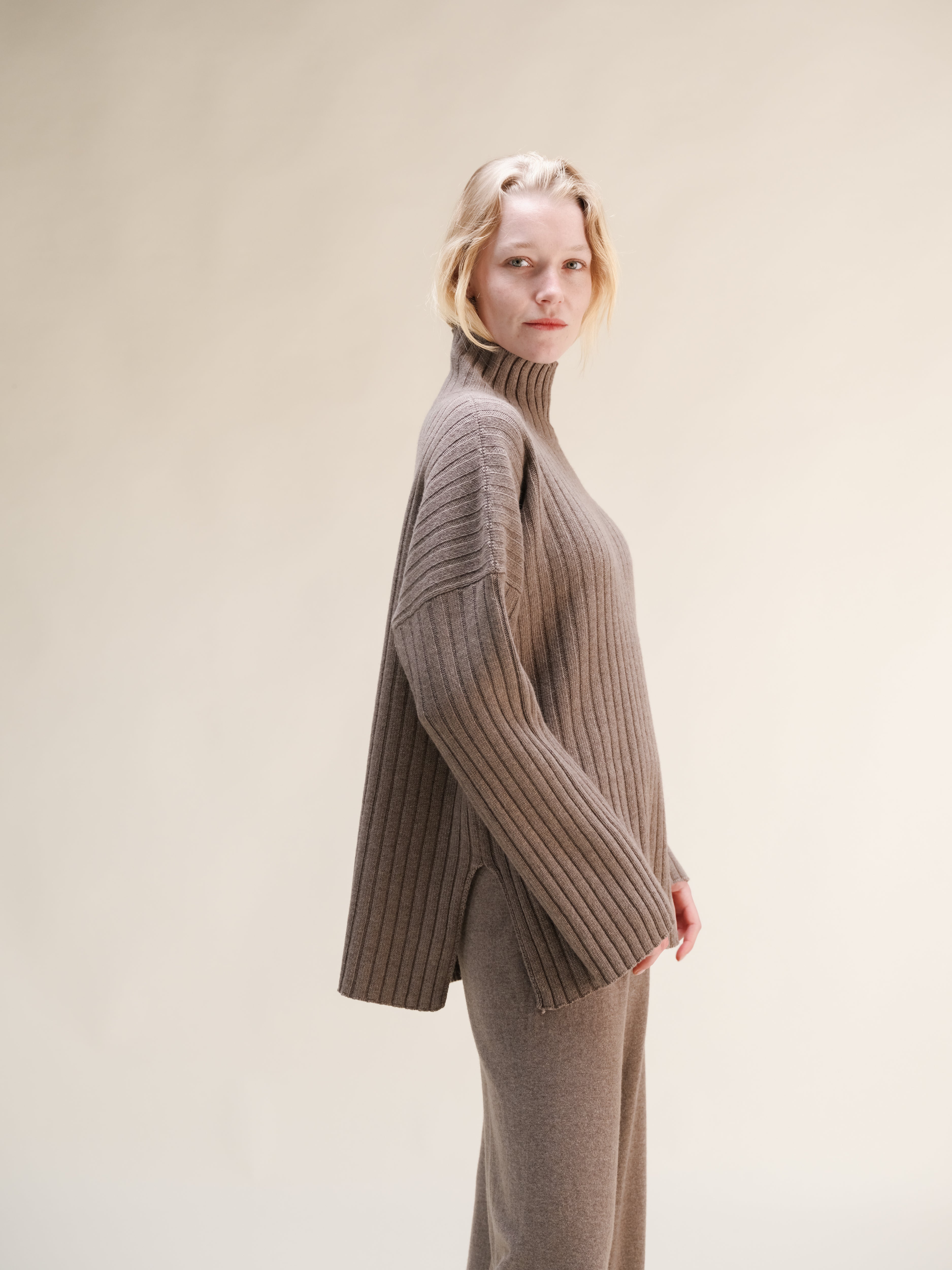 Cashmere Mix Ribbed High Neck with Lateral Slits