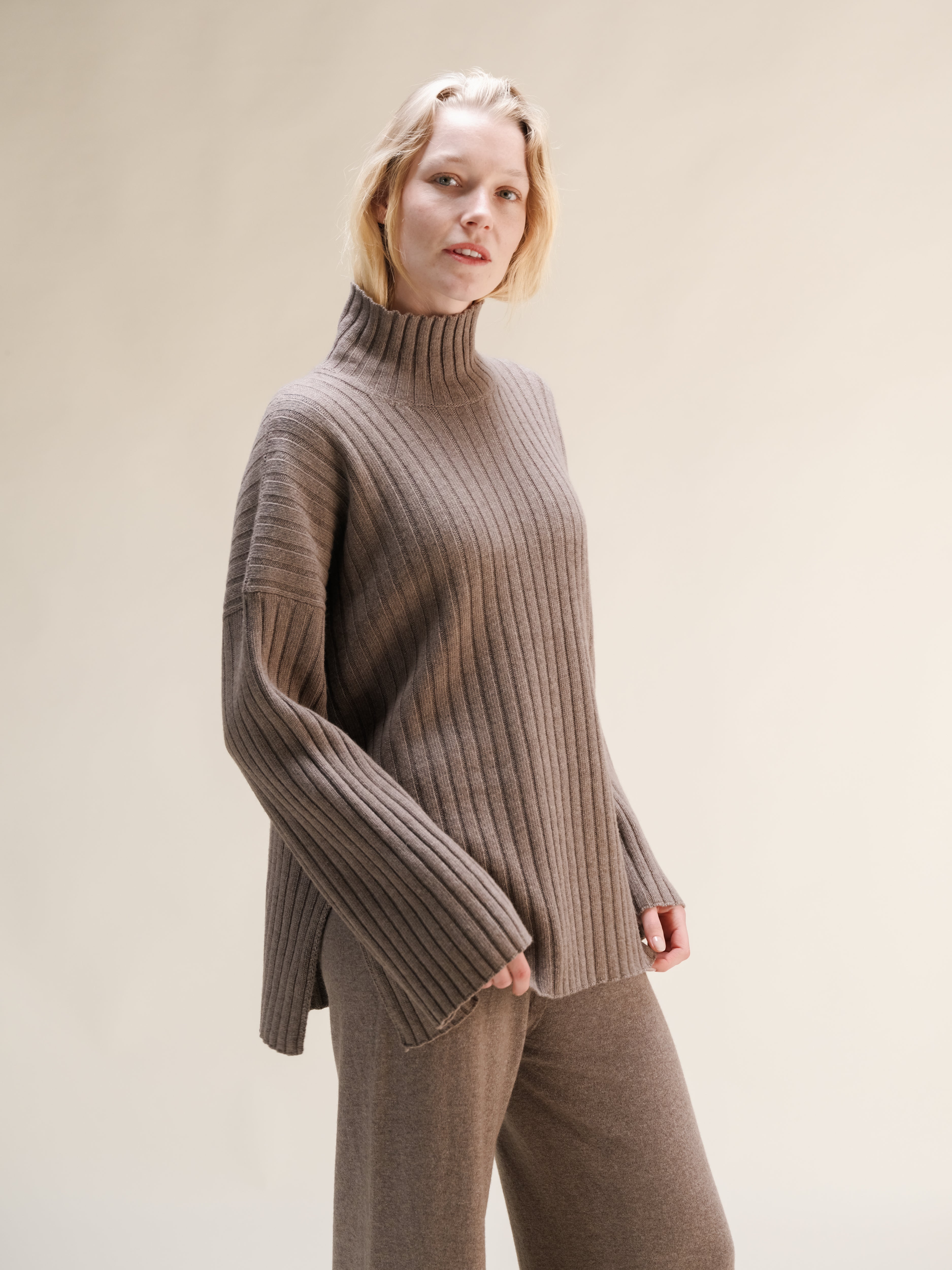 Cashmere Mix Ribbed High Neck with Lateral Slits