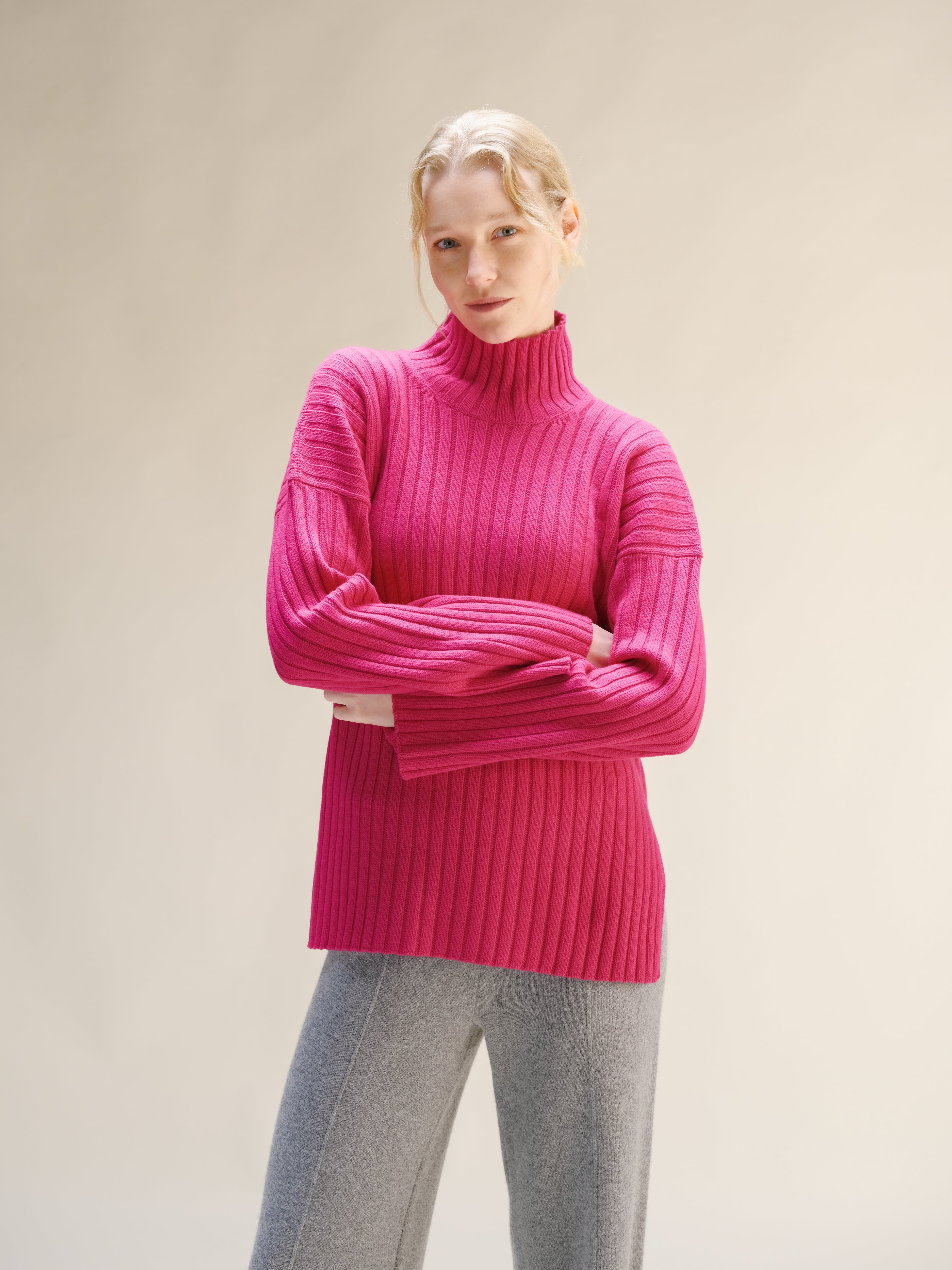 Cashmere Mix Ribbed High Neck with Lateral Slits