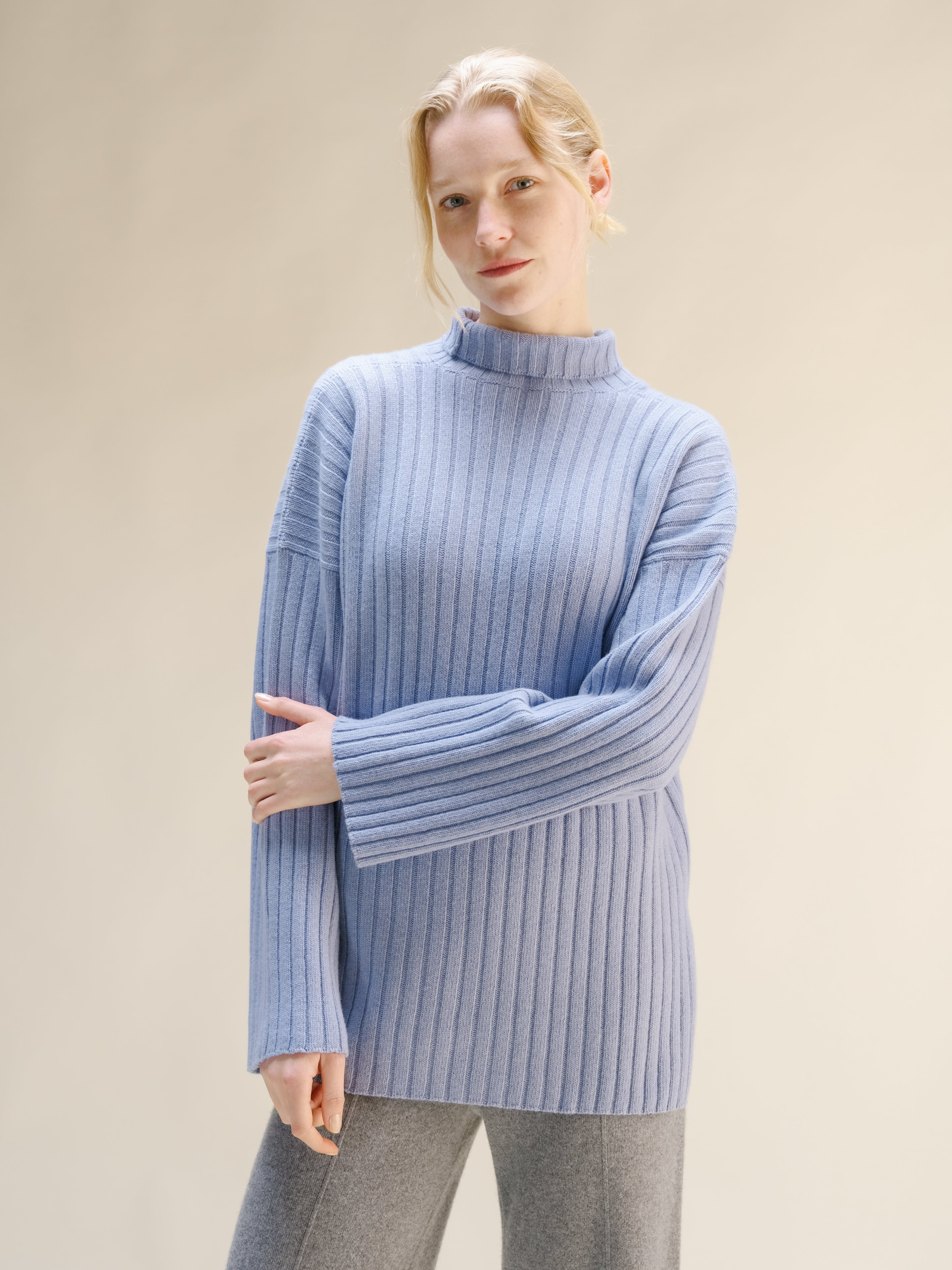 Cashmere Mix Ribbed High Neck with Lateral Slits
