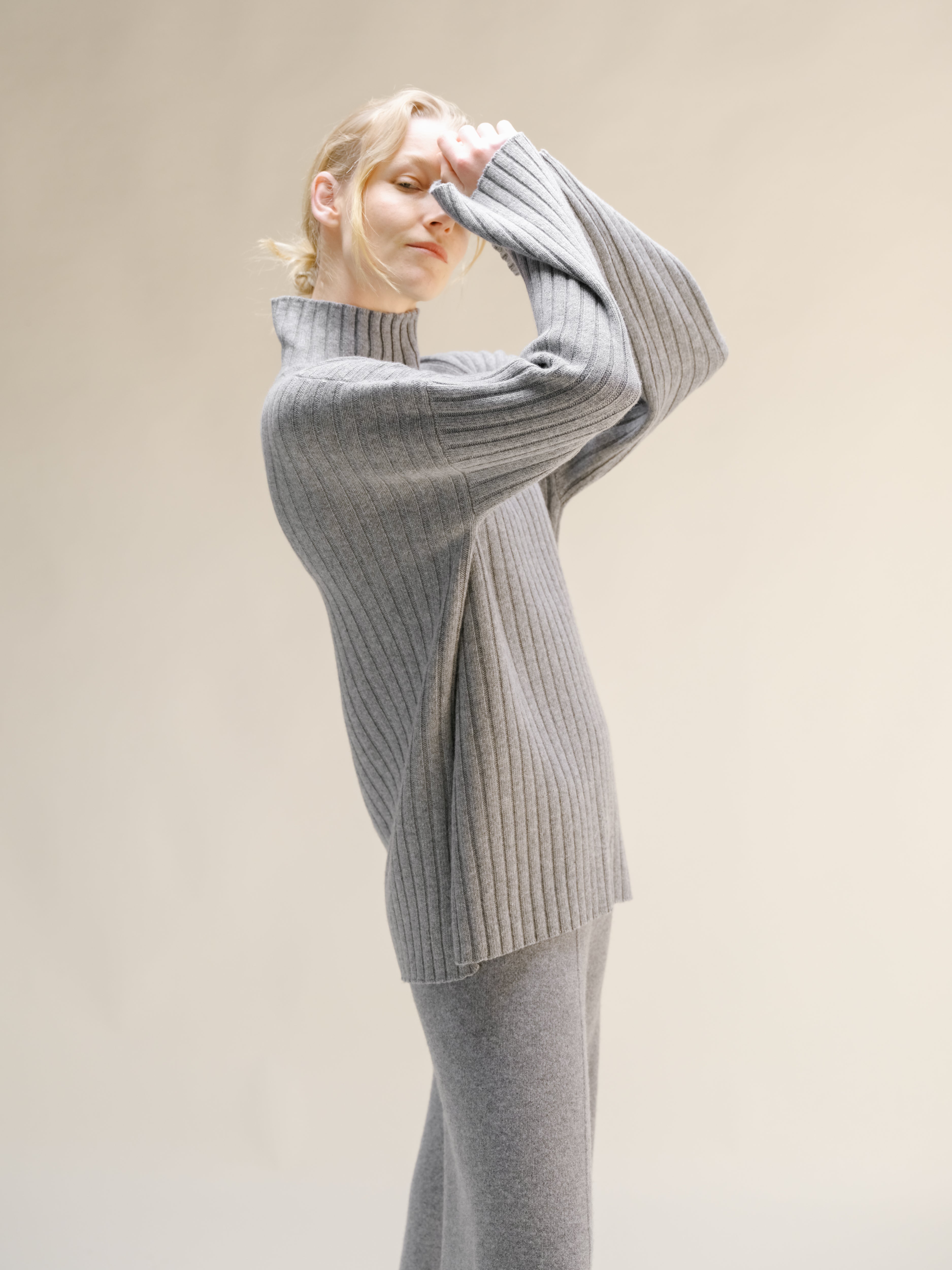 Cashmere Mix Ribbed High Neck with Lateral Slits