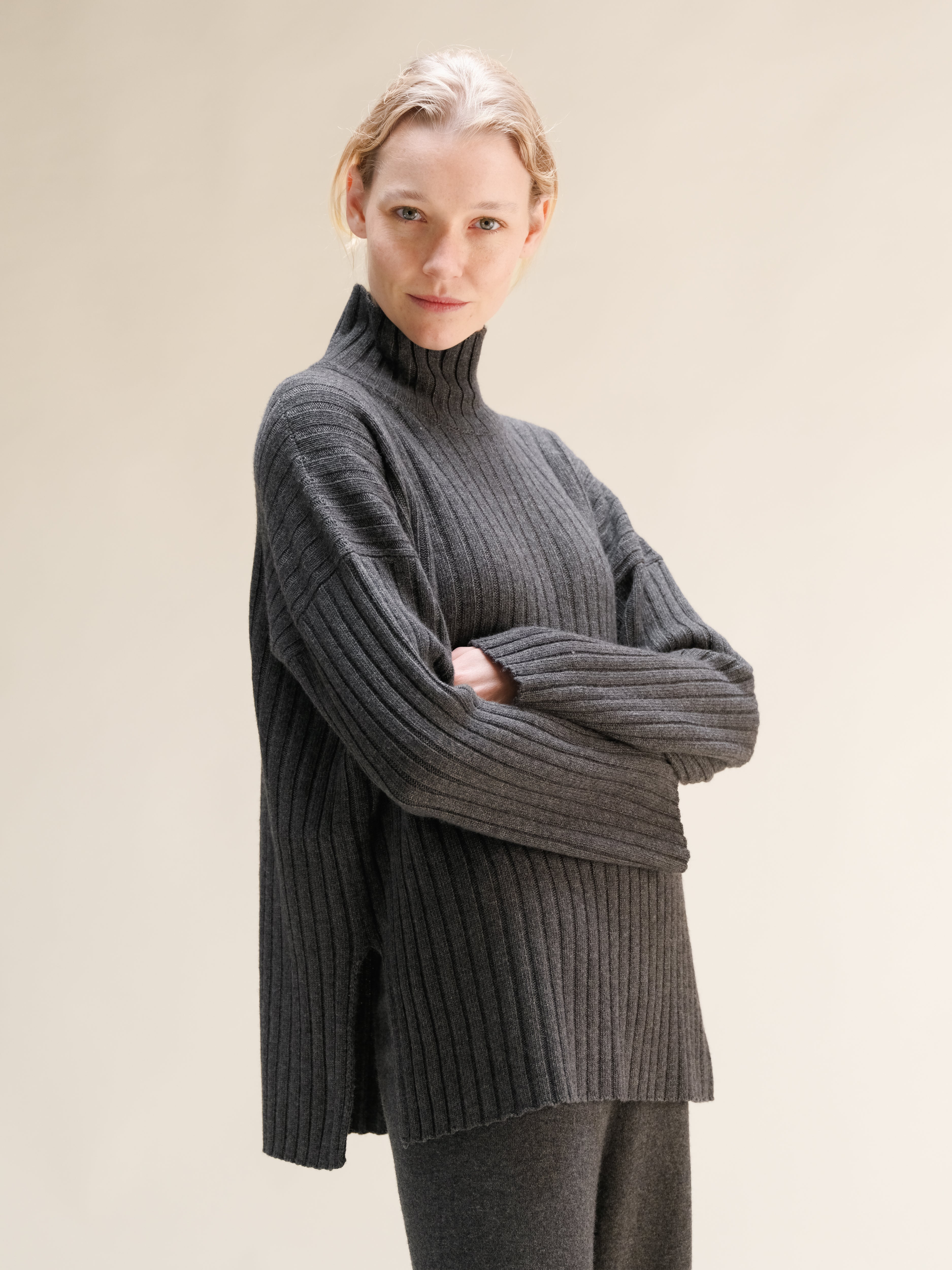 Cashmere Mix Ribbed High Neck with Lateral Slits