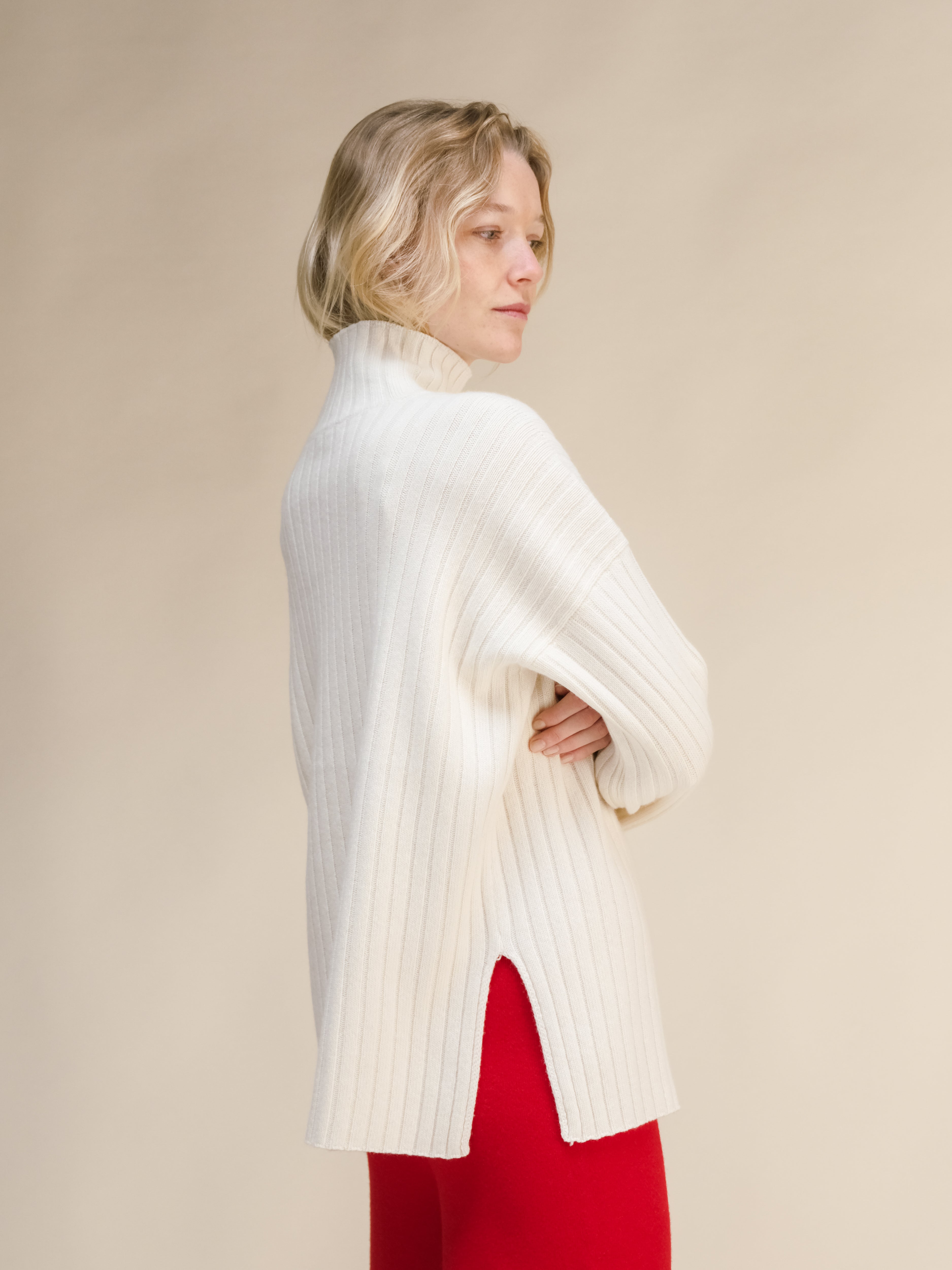 Cashmere Mix Ribbed High Neck with Lateral Slits